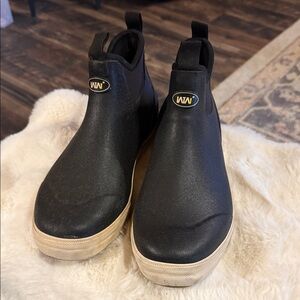 Black Slip-On Rain Boots with Cream Sole